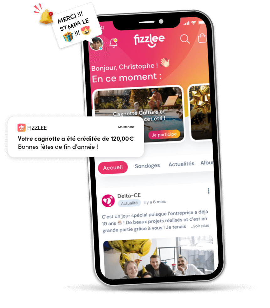 Téléphone contenant l'application Fizzlee avec un chèqe cadeau